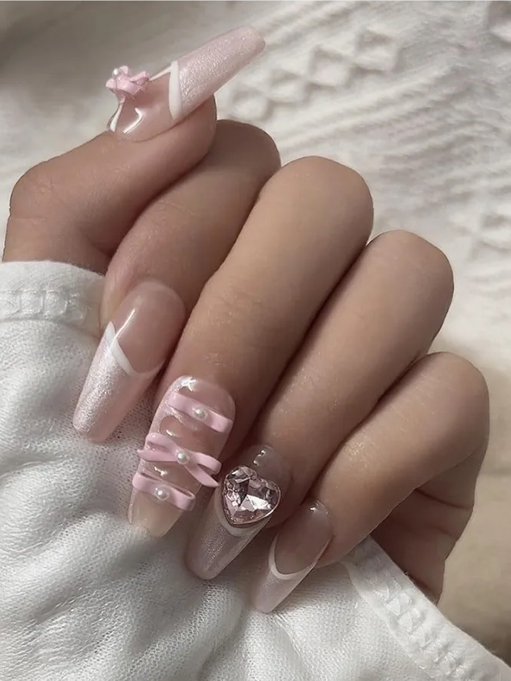 10 PCS Press On Nails Long Ballerina Pink French Bow Rhinestone Size S Handmade